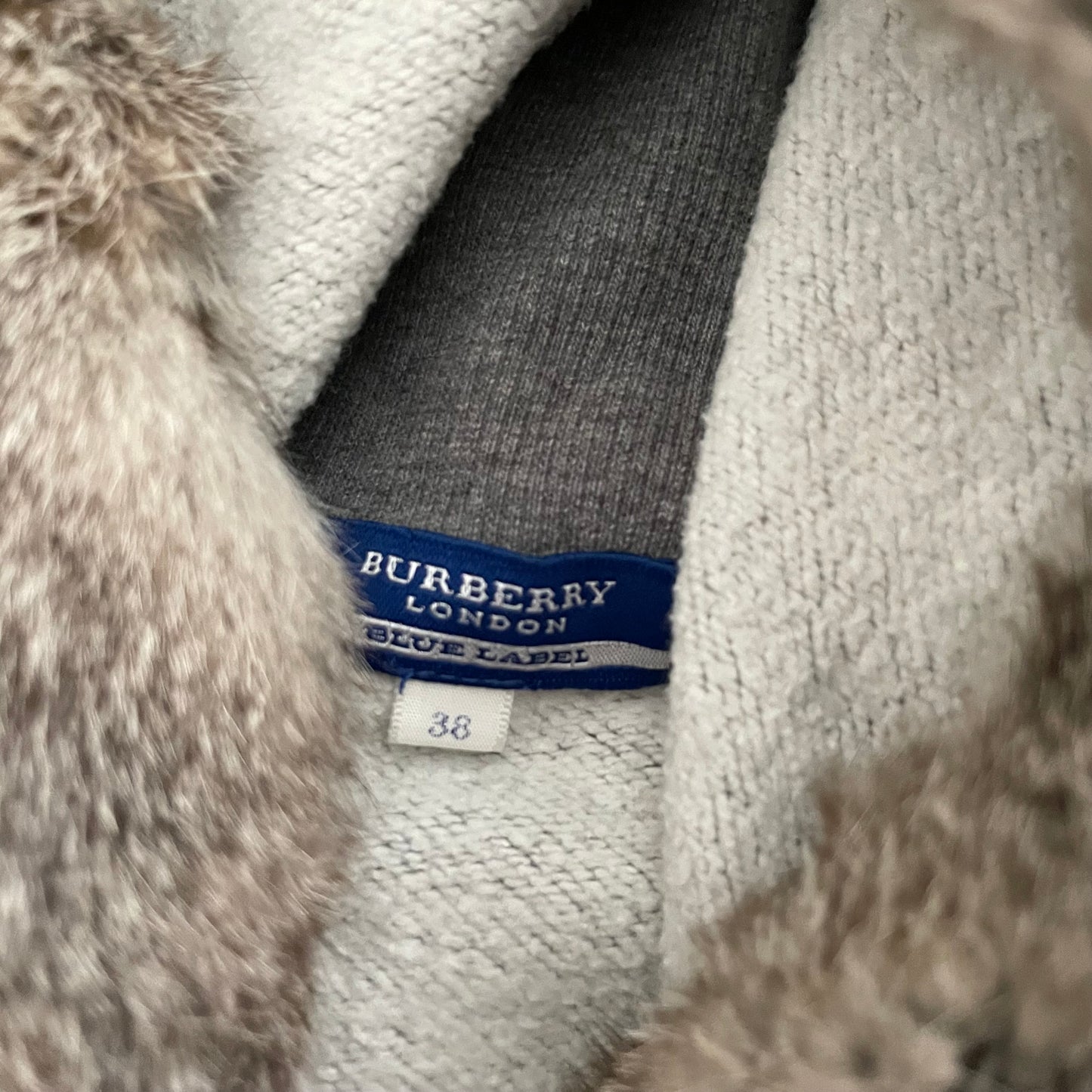 preppy y2k burberry blue label grey zip hooded jacket with rabbit fur trim and button detail