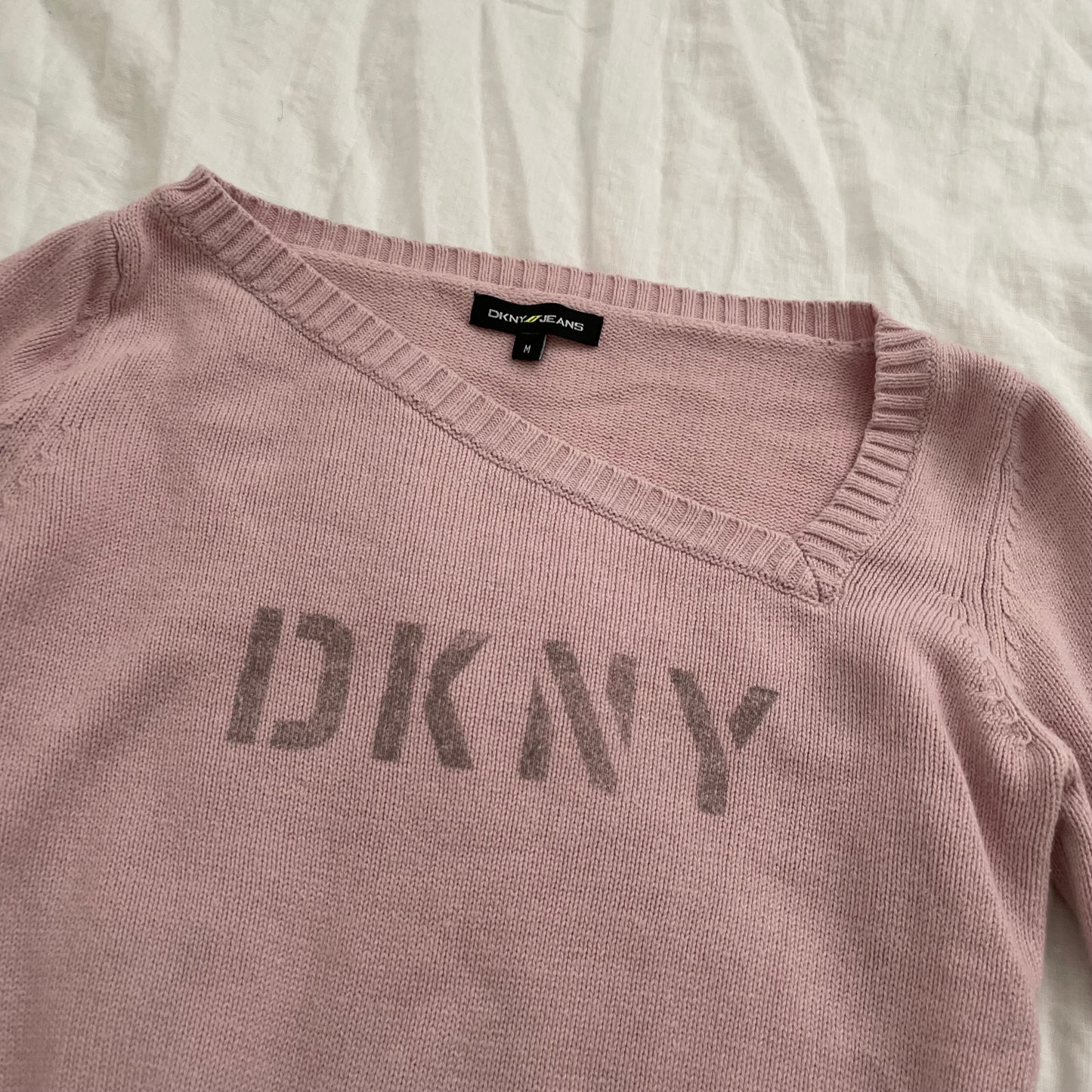 dkny baby pink long sleeve cinched hem ribbed knit top