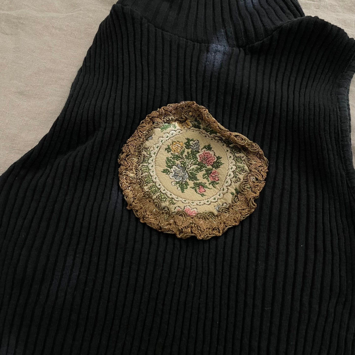 vintage reworked baroque floral embroidery pocket black high neck vest top