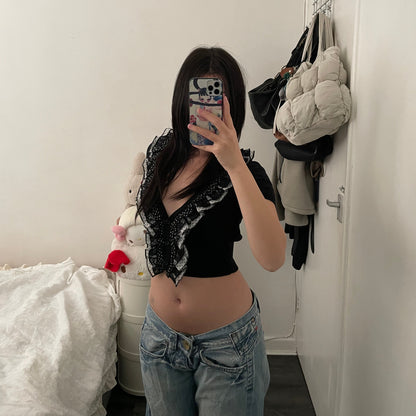 puerco espin ruffle black crop short sleeve cardigan top