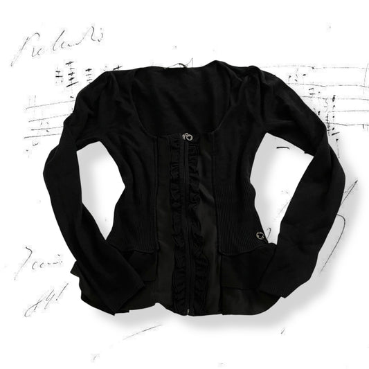 morgan de toi black frilly ruffle hem zip fitted long sleeve top