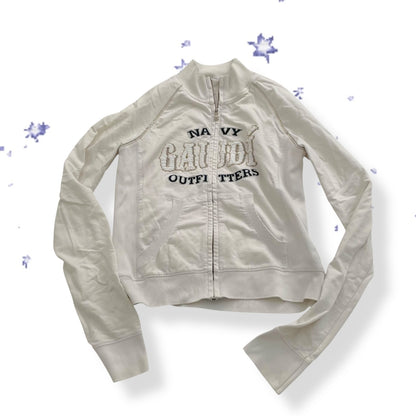 vintage gaudi white long sleeve zip jacket with beaded embroidery text