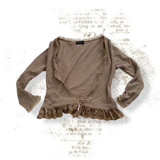 khaki grey brown gal house cottage ruffle lace 3/4 sleeve bolero cardigan