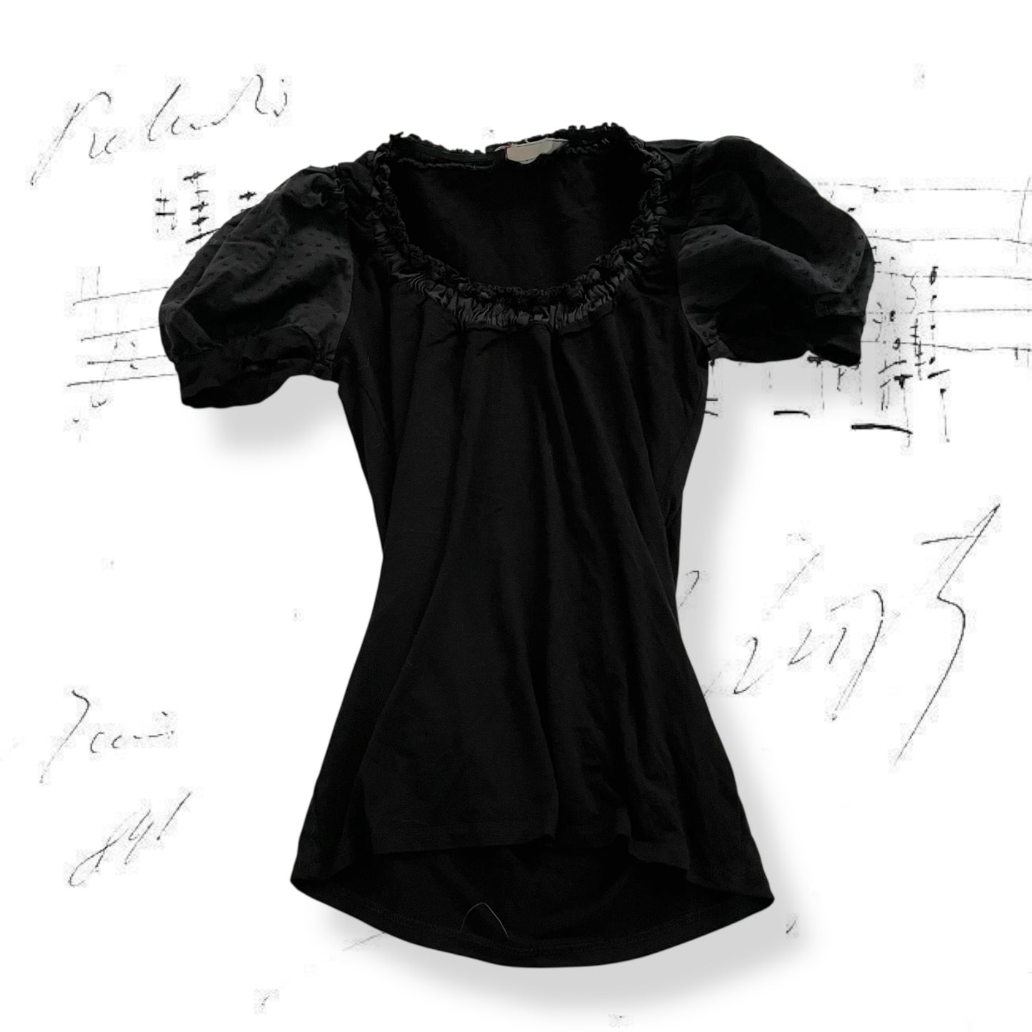 black morgan de toi dotted puff sleeve shirt with ruched neckline