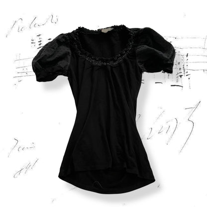 black morgan de toi dotted puff sleeve shirt with ruched neckline