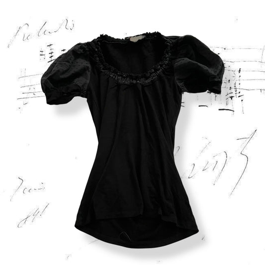 black morgan de toi dotted puff sleeve shirt with ruched neckline