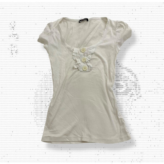 morgan de toi white short sleeve fitted ruffle shirt