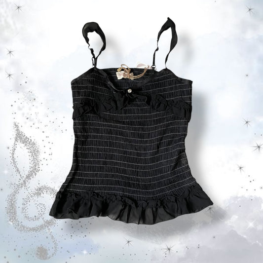 coquette balletcore ld prime ruched black ruffle tulle fitted camisole with cute bow charm