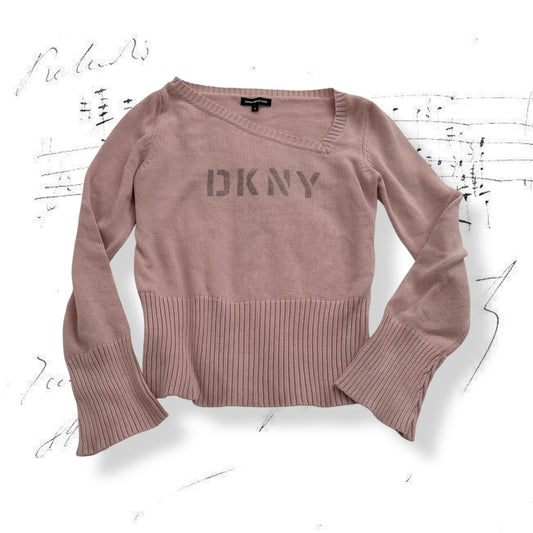 dkny baby pink long sleeve cinched hem ribbed knit top
