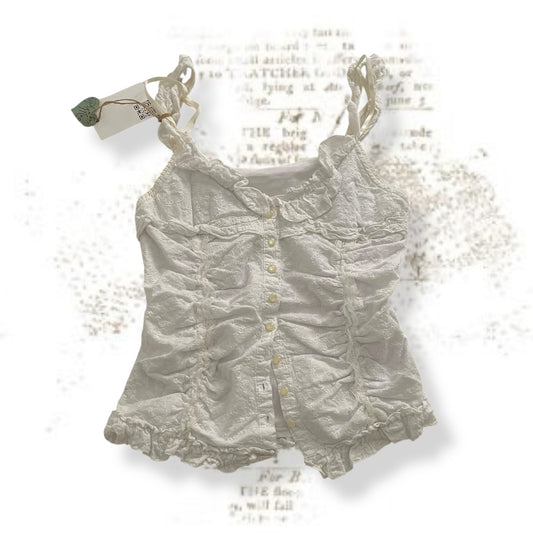 sheer cottage white frill strap milkmaid button corset style top