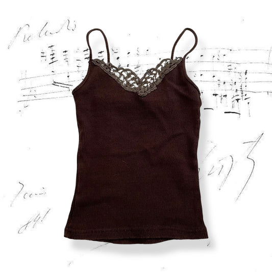 brown morgan de toi fitted crop crochet sequin neckline camisole