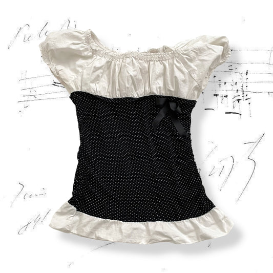 sepia white black layered short sleeve polka dot body tunic blouse