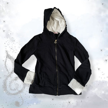 grunge y2k liz lisa tralala black zip hoodie with sherpa sleeve and hood lining