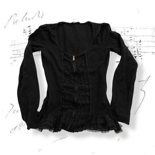 morgan de toi layered black faux cardigan + ruffle blouse two in one zip top