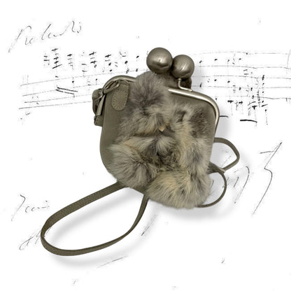 vintage white grey rabbit fur x greige suede crossbody mini clutch bag with silver hardware