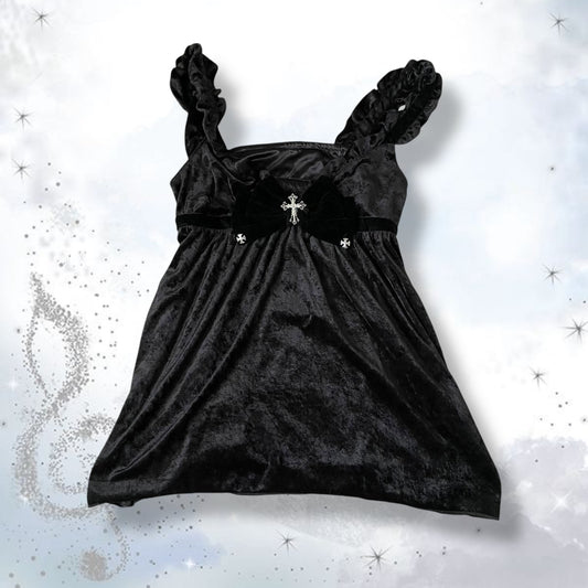 dark coquette mina velvet ruched ruffle strap babydoll camisole