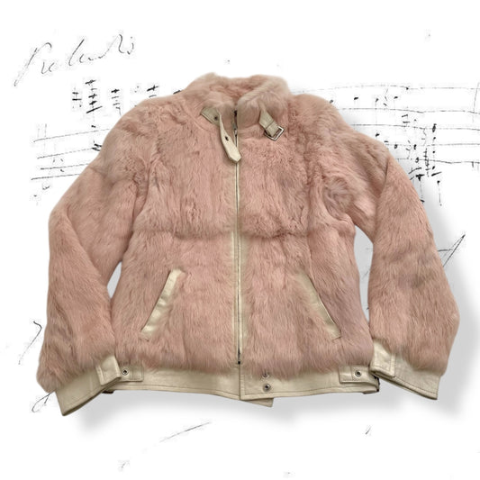 brownie bee soft pink rabbit fur x white leather rider jacket
