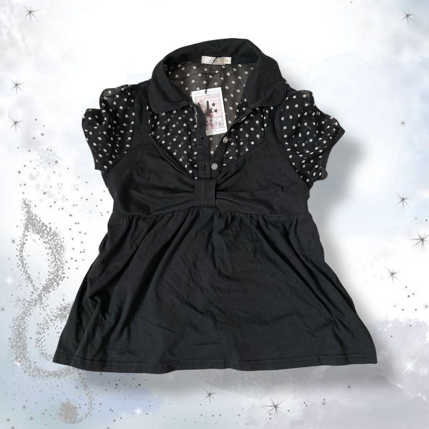 a-dress black polka dot collared puff sleeve blouse x ruched camisole two in one top