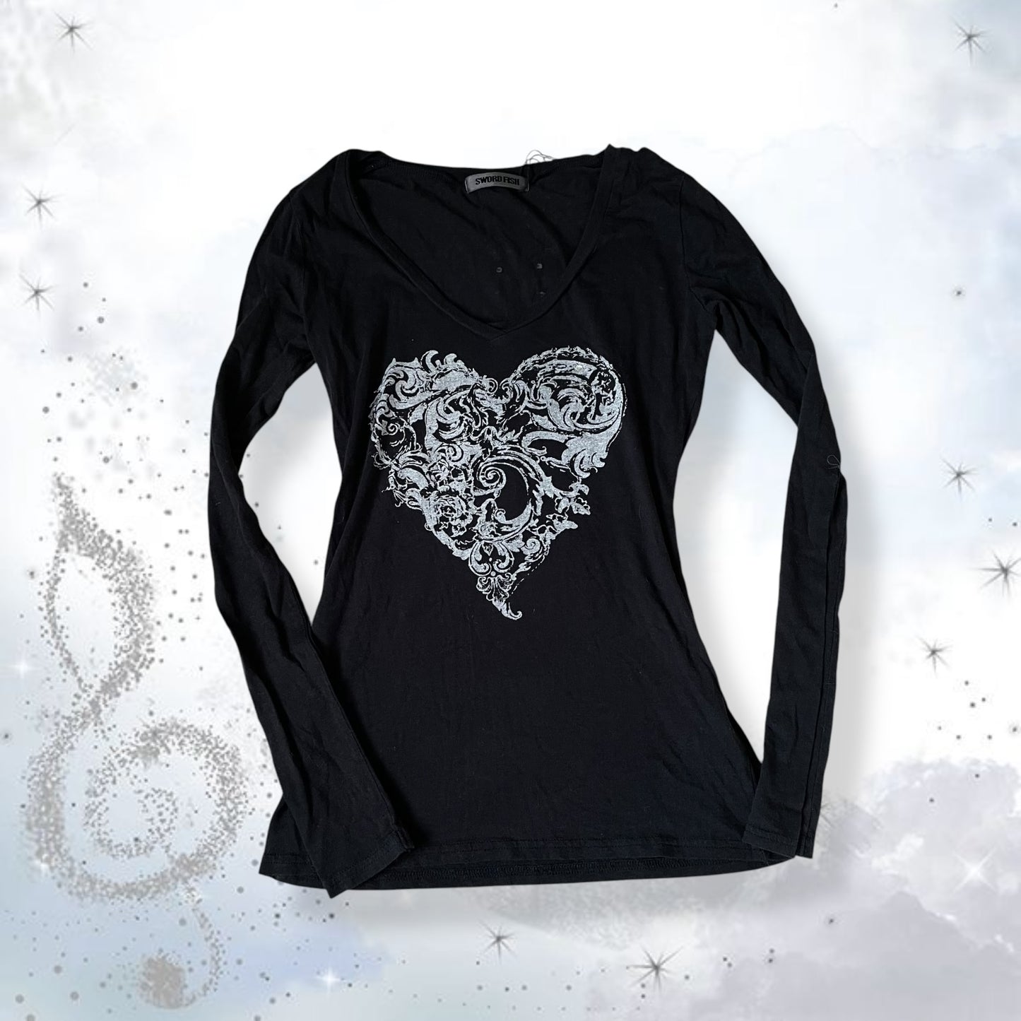 grunge sleaze y2k sword fish black long sleeve abstract heart print top