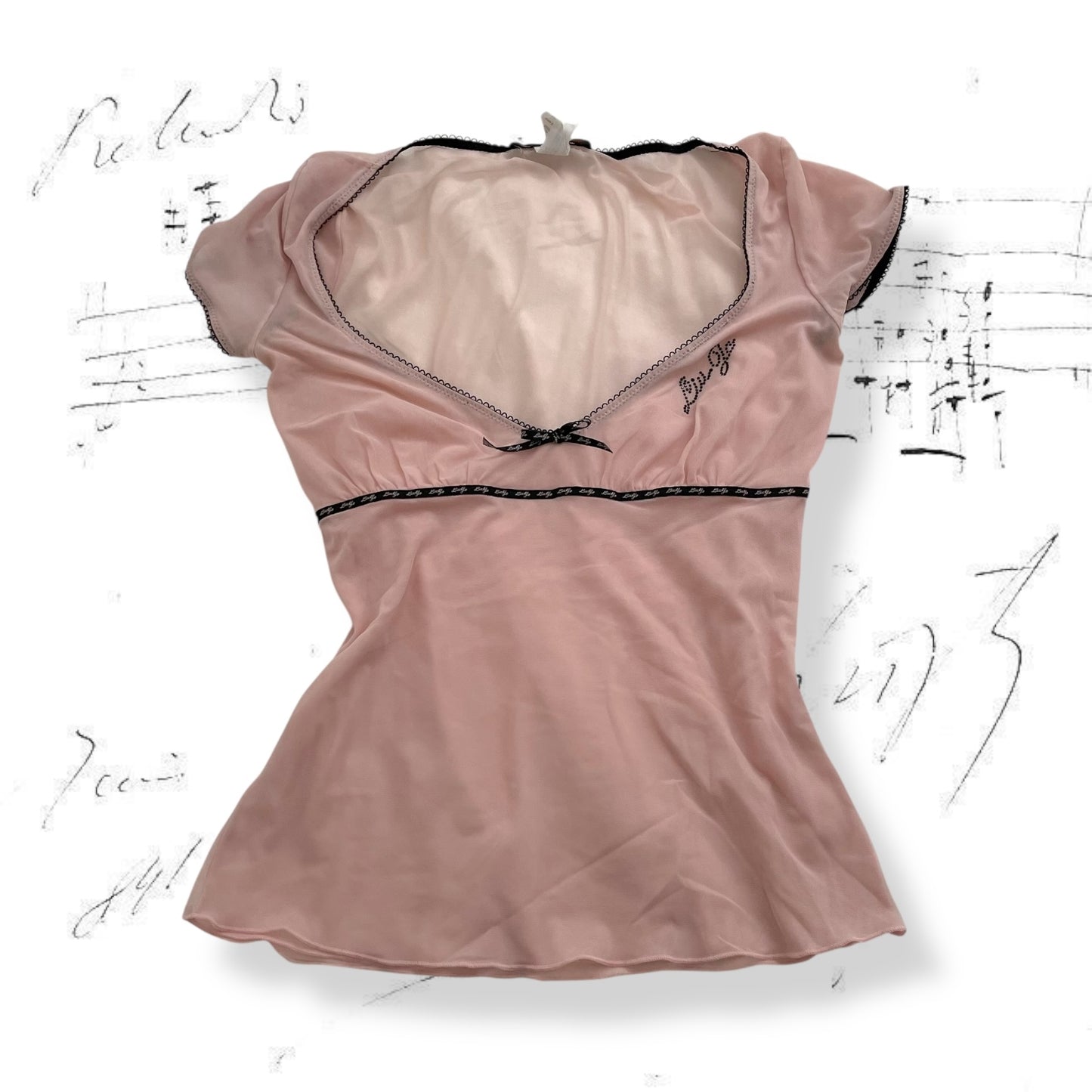 light pink liu jo cap sleeve sheer top with black picot trim and bow charm