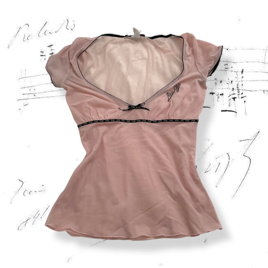 light pink liu jo cap sleeve sheer top with black picot trim and bow charm