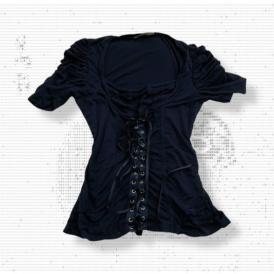 armand thierry navy puff sleeve bustier corset lace up style milkmaid top