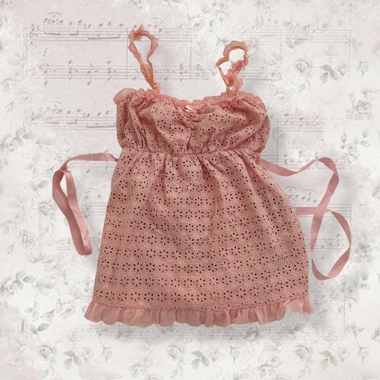 epine pink ruched broderie anglaise babydoll camisole with adjustable waist ribbon