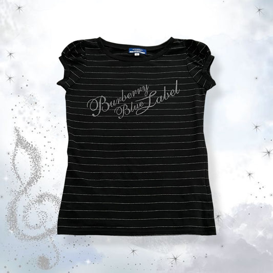 preppy coquete burberry blue label black puff sleeve top with silver stripes and italic text