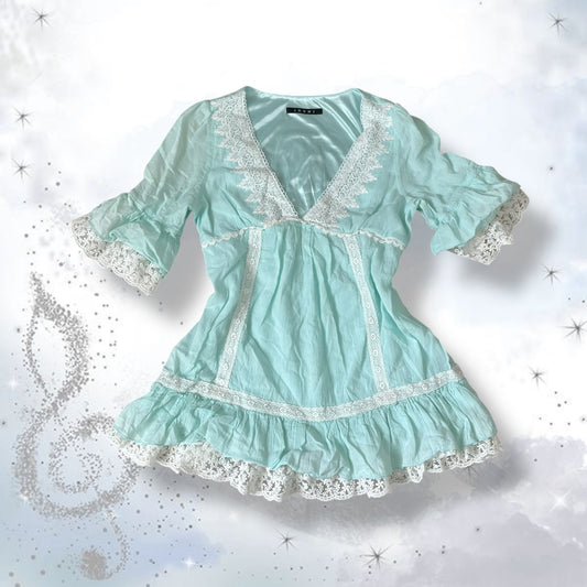 mermaid blue ingni babydoll blouse with white embroidery lace detailing