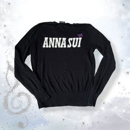 preppy balletcore black anna sui long sleeve cardigan with anna sui text + butterfly print