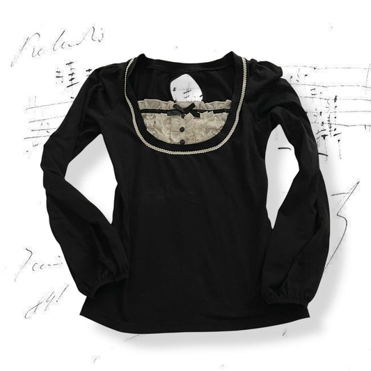 deary black long sleeve white lacey ruffle milkmaid neckline top
