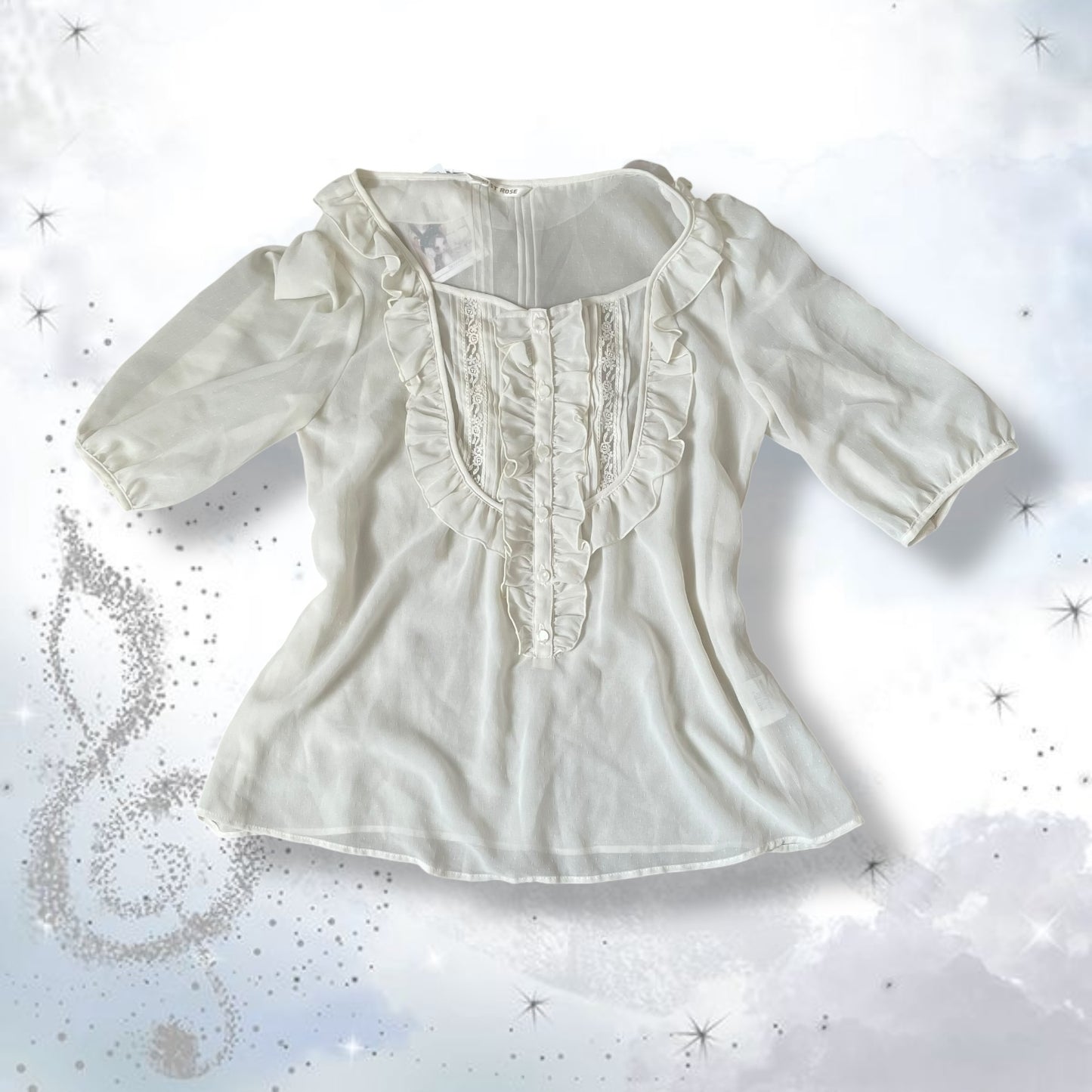 coquette balletcore off white sheer l'est rose frilly milkmaid style puff sleeve blouse