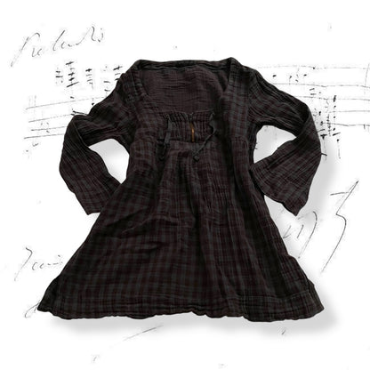 ikks blue brown plaid babydoll 3/4 sleeves pleated tunic blouse