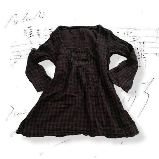 ikks blue brown plaid babydoll 3/4 sleeves pleated tunic blouse
