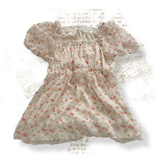 puff sleeve glacier white yellow red cherries orchard print babydoll tunic blouse