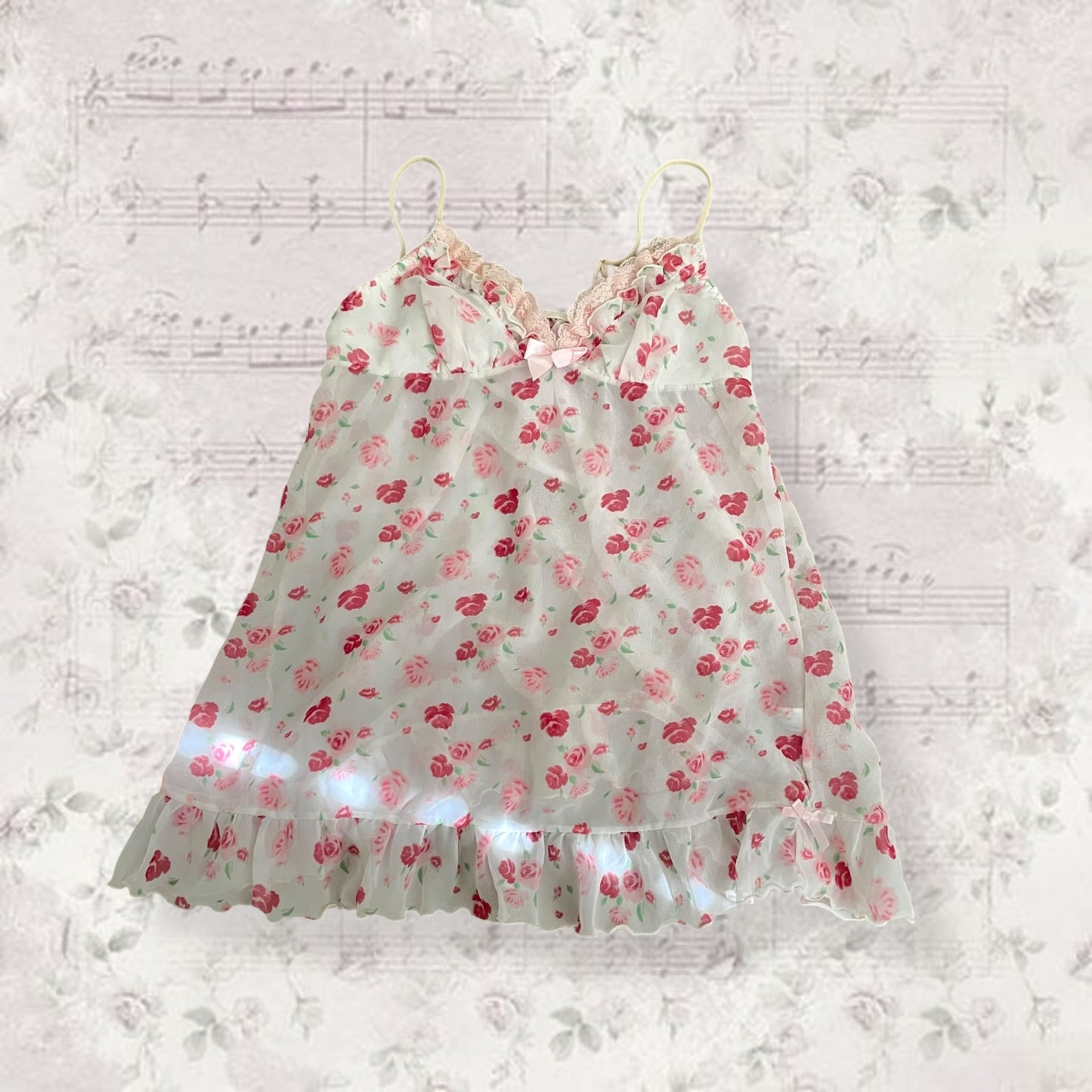 coquette y2k floral print pink ruffle white sheer babydoll camisole