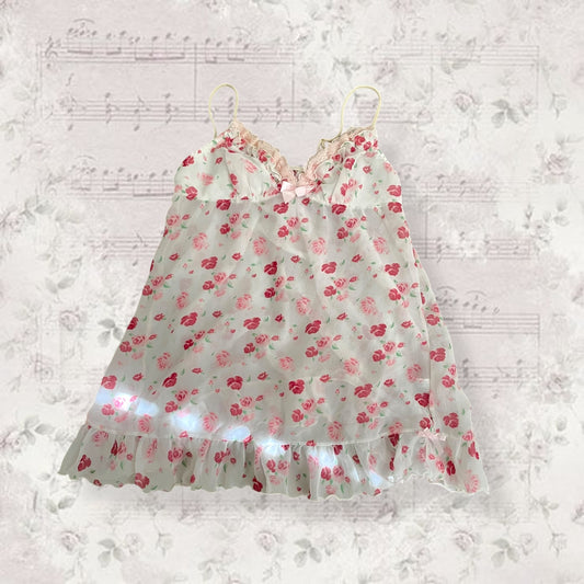 coquette y2k floral print pink ruffle white sheer babydoll camisole