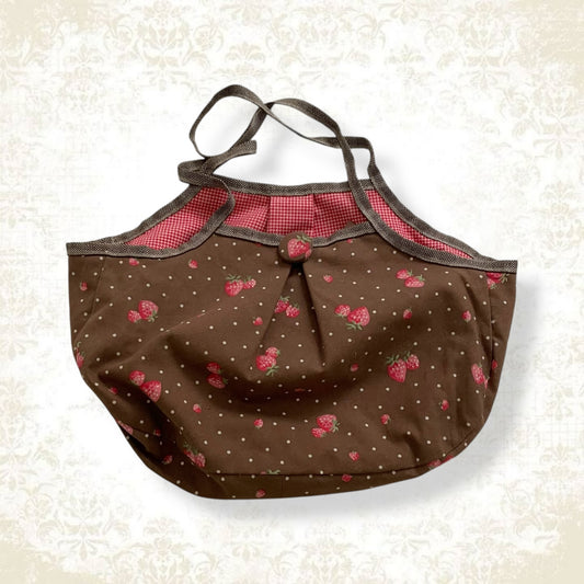 chocolate brown strawberry print granny tote bag with cute strawberry button