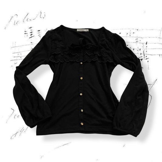 lover girl ruffle collar long sleeve neckline ribbon detail faux button top