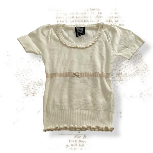 cynthia rowley white beige short sleeve frill hem knit top