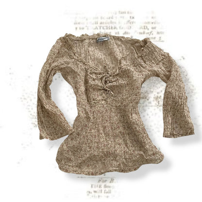 jennyfer boho prairie beige floral print ruched 3/4 sleeve blouse
