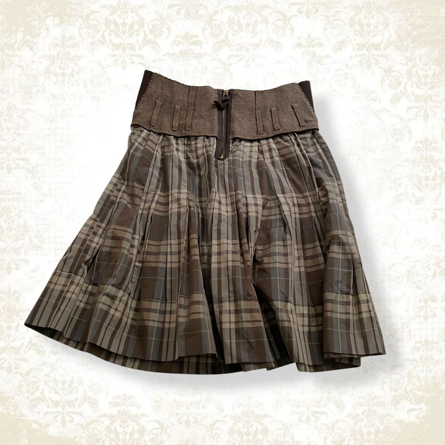 marithe francois girbaud brown drop waist check midi skirt