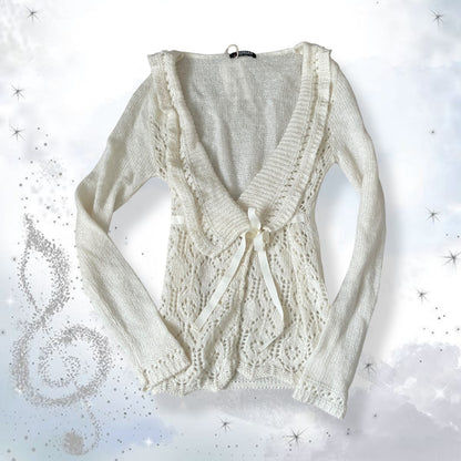 morgan de toi cottage mohair blend off white fine knit long sleeve wrap style cardigan top