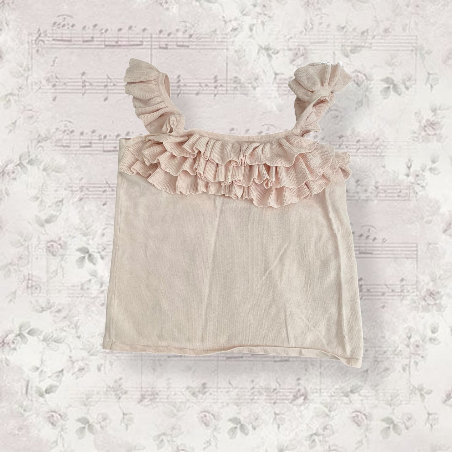 dainty image soft pink frilly ruffle tiered chest knit camisole with frill straps