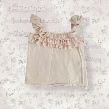dainty image soft pink frilly ruffle tiered chest knit camisole with frill straps