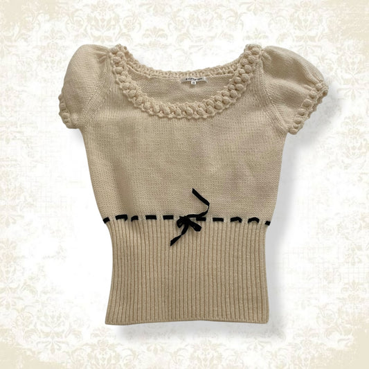prideglide cream puff sleeve mohair blend knit top with black ribbon waist detail