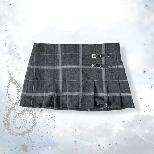 preppy yme grey check wool pleated mini skirt with faux leather buckle detail