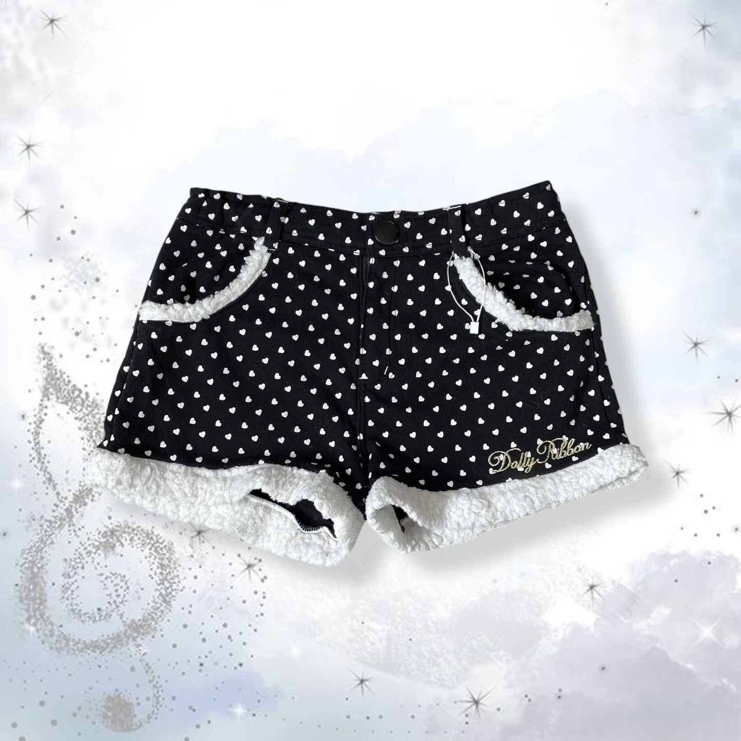 dobby ribbon black heart print polka dot sherpa trim shorts