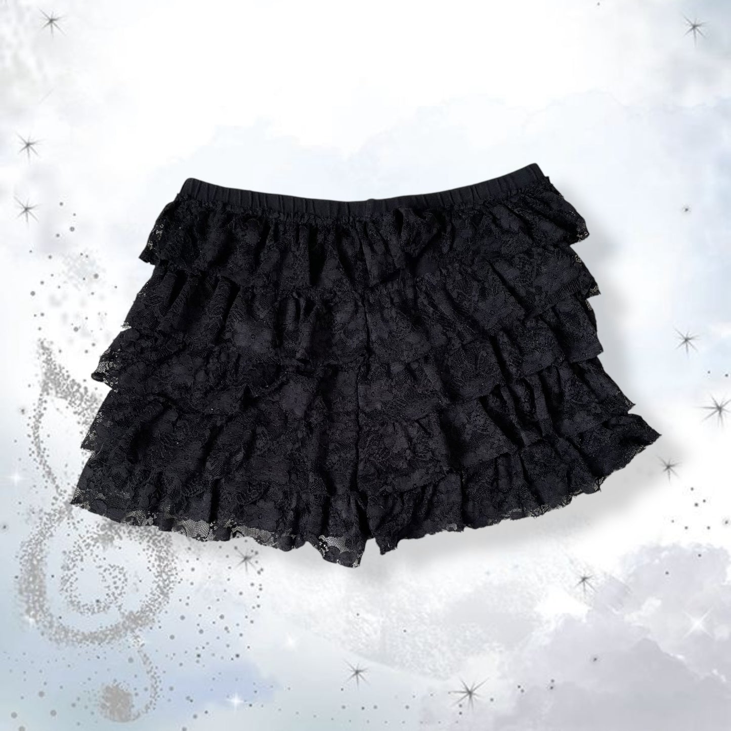 coquette black ruffle tiered lacey bloomer shorts