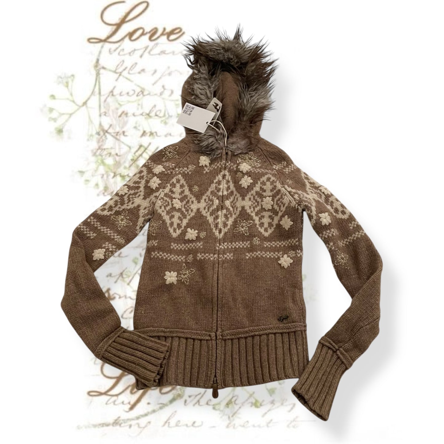 espirit brown x white winter print wool knit jacket with fur trim collar hood